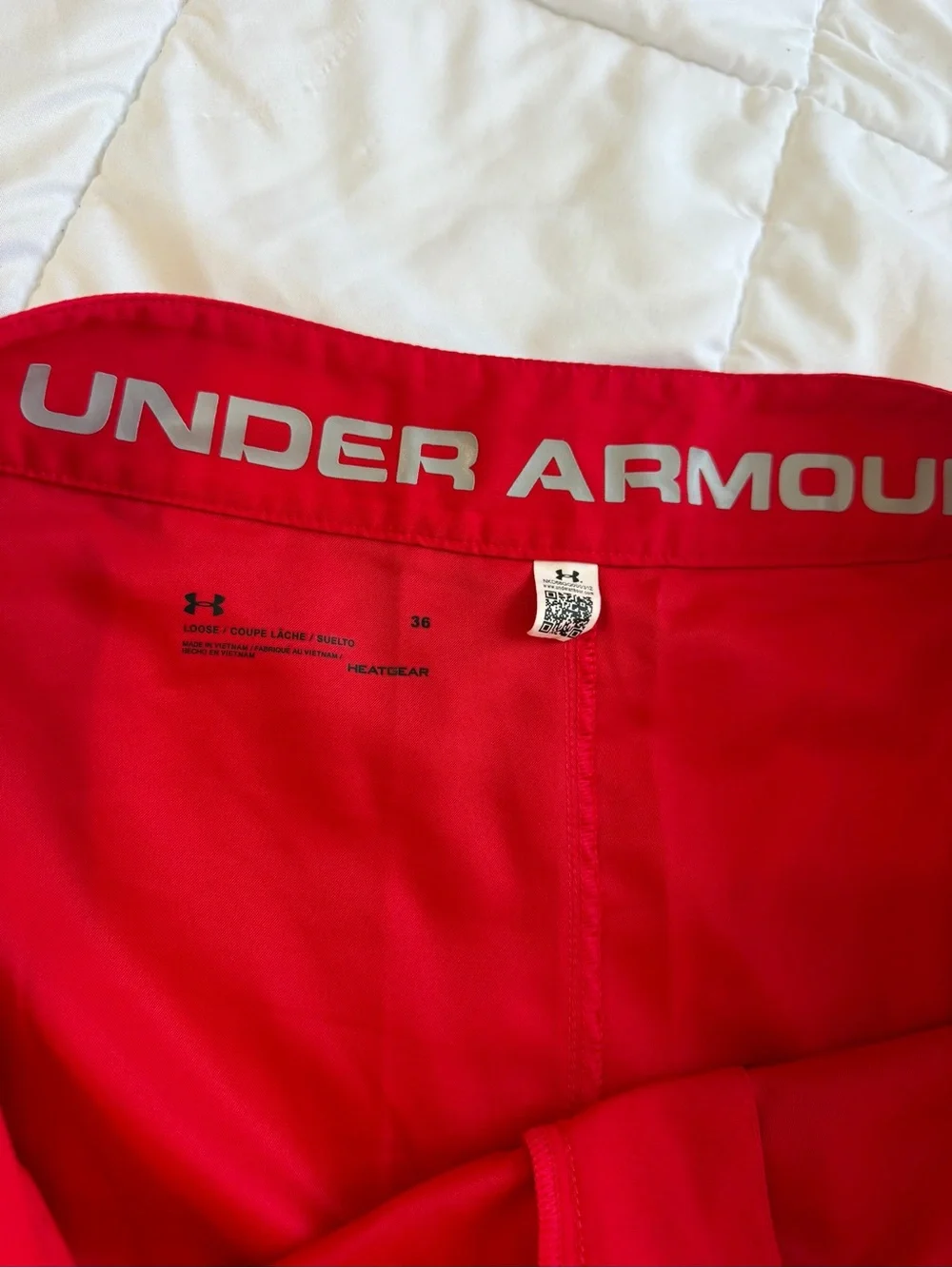 Under Armour Men’s Bright Red Swim Board Shorts with Gray Drawstring